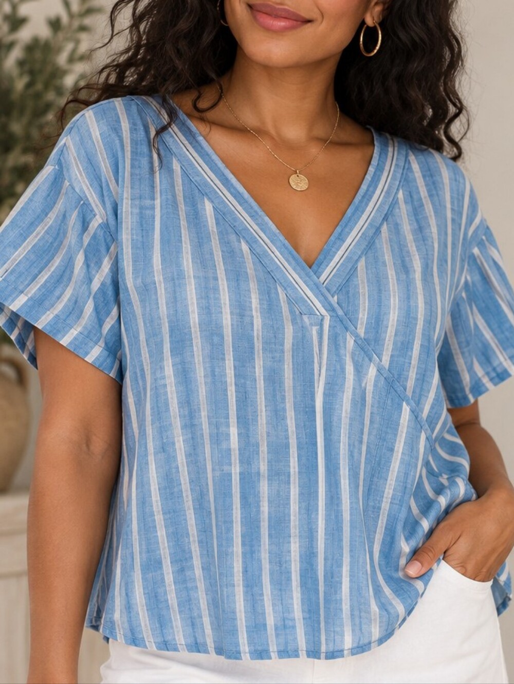 Pilcro ANTHROPOLOGIE Blue and White Striped‎ Linen Blouse